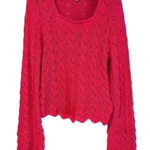 Boho Chic Hot Pink Knit Sweater Bell Sleeves Size Large
